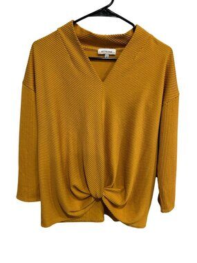 Set The Stage Mustard Ribbed Knot Front V-Neck Top Size Medium Casual Preppy
